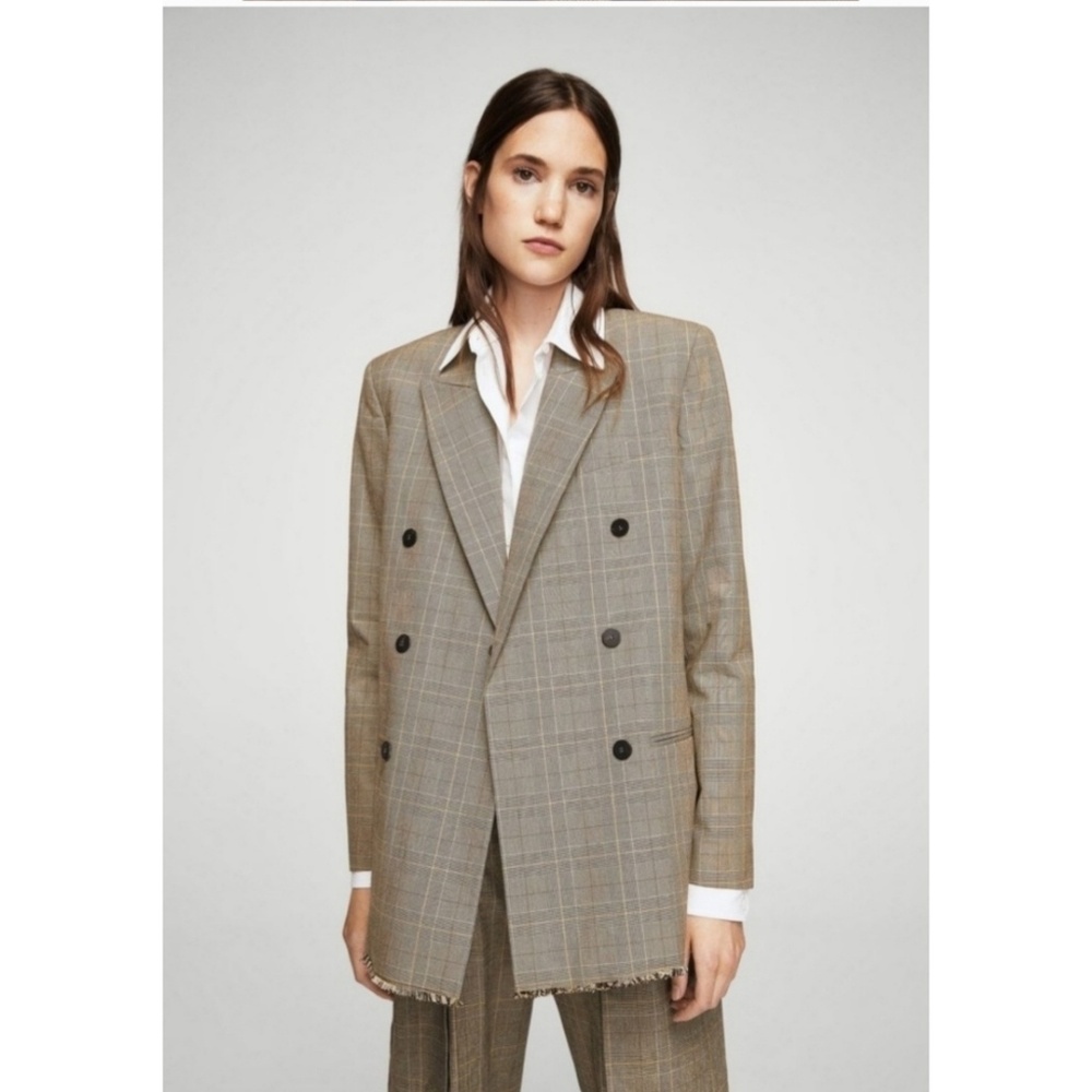 Mango Double-Breasted Plaid Blazer in Taupe with Subtle Orange Windowpane - Picture 8 of 8